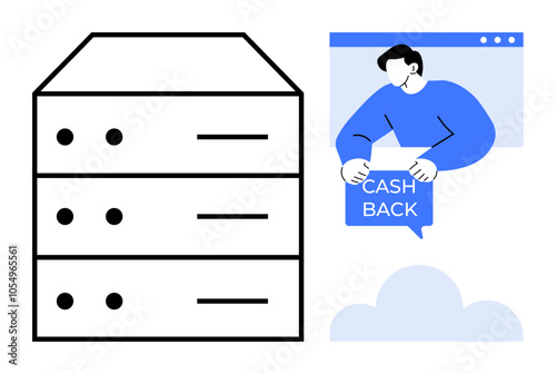 Server next to a person holding a cashback sign in a web browser. Ideal for e-commerce, online banking, finance apps, cashback services, cloud-based solutions. Minimalist flat style