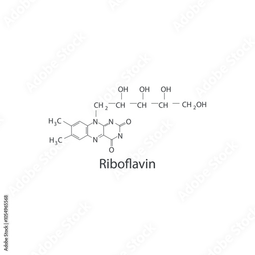 Riboflavin skeletal structure diagram.Vitamin B2 compound molecule scientific illustration.