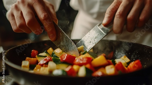 Chef skillfully chopping fresh tomatoes and vegetables on a cutting board in a modern kitchen during meal preparation