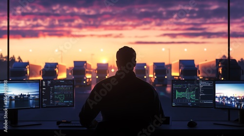 Silhouette of a person at a control center monitoring screens with trucks at sunset, emphasizing logistics and technology.