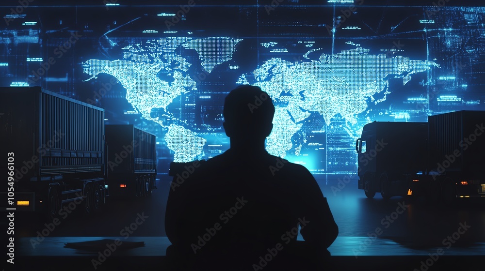 Silhouette of a person in a control room, viewing a digital world map display, surrounded by futuristic technology, symbolizing global logistics. Silhouette of a person in a control room, viewing a digital world map display, surrounded by futuristic technology, symbolizing global logistics.