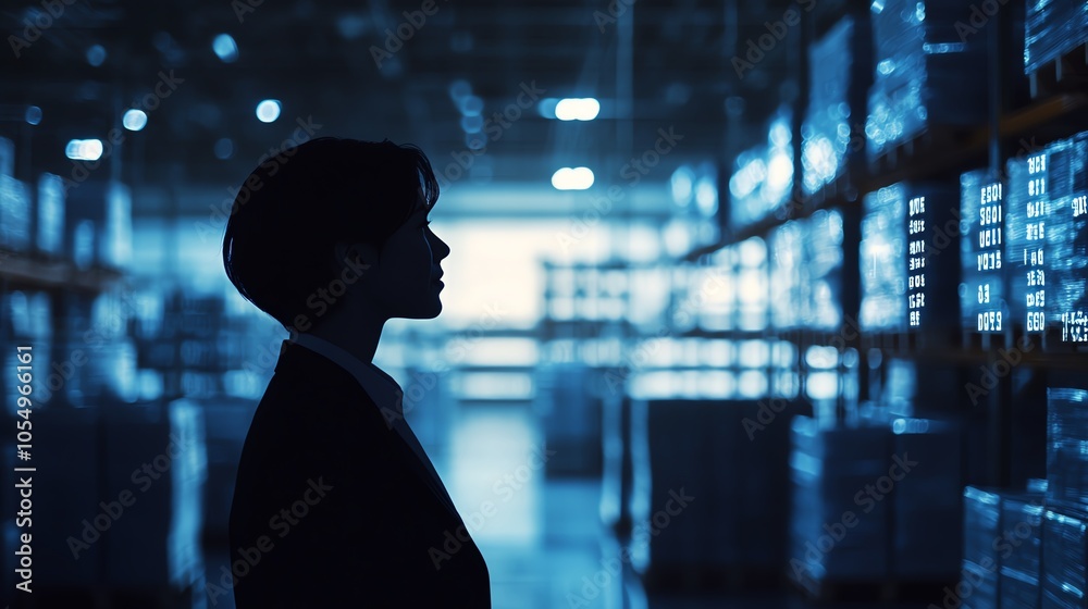 Silhouette of a person in a dimly lit warehouse, surrounded by shelves with goods, symbolizing logistics and inventory management. Silhouette of a person in a dimly lit warehouse, surrounded by shelves with goods, symbolizing logistics and inventory management.