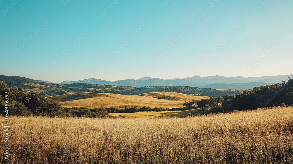 Lush green hills under a bright blue sky with distant mountains during early morning light in a tranquil landscape Lush green hills under a bright blue sky with distant mountains during early morning light in a tranquil landscape