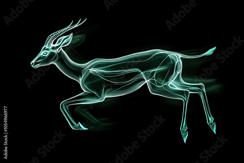 A dynamic and striking illustration of a gazelle embellished with neon green accents, captured in full motion against a stark black background --ar 3:2 --s 50 photo