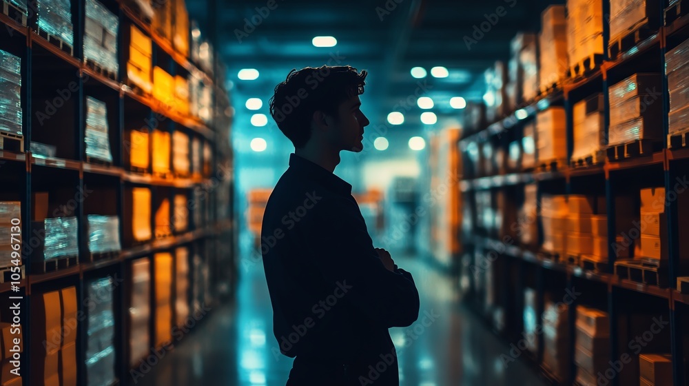 Silhouette of a person standing in a dimly lit warehouse aisle surrounded by shelves filled with boxes. The scene conveys organization and inventory. Silhouette of a person standing in a dimly lit warehouse aisle surrounded by shelves filled with boxes. The scene conveys organization and inventory.