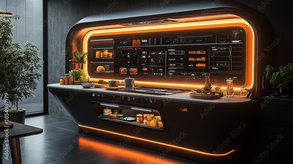 Obraz premium Modern kitchen interior featuring sleek design and ambient lighting with food preparation elements in a contemporary space