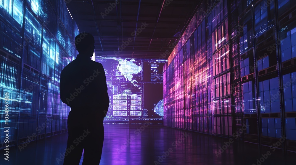 Silhouette of a person standing in a futuristic room with vibrant digital displays and glowing screens showcasing a high-tech environment. Silhouette of a person standing in a futuristic room with vibrant digital displays and glowing screens showcasing a high-tech environment.