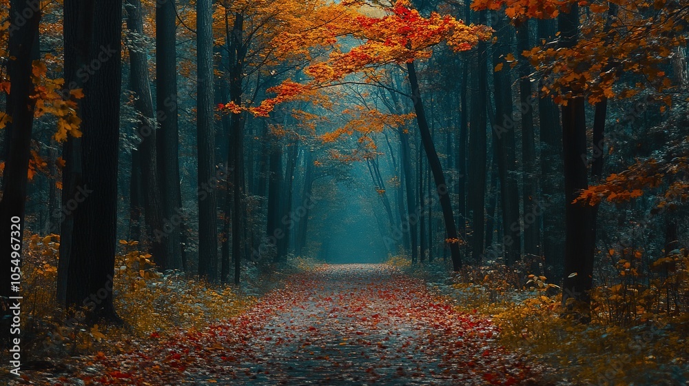 Fototapeta premium A tranquil forest pathway lined with trees and fallen leaves during an autumn afternoon in a serene woodland