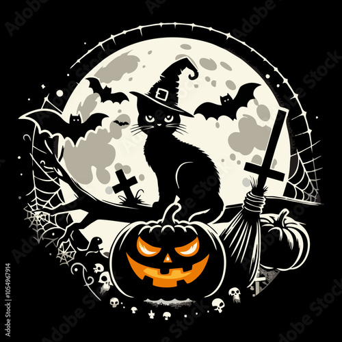 Black Cat Halloween Logo with Pumpkin and Spooky Background