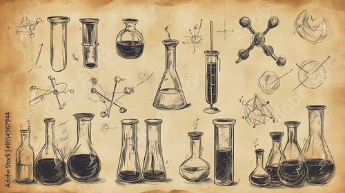  Vintage Scientific Illustration with Chemistry Lab Equipment 