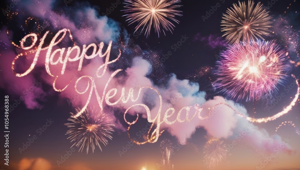 Obraz premium Happy New Year text with vibrant fireworks and colorful smoke, perfect for festive celebrations and New Year's Eve events