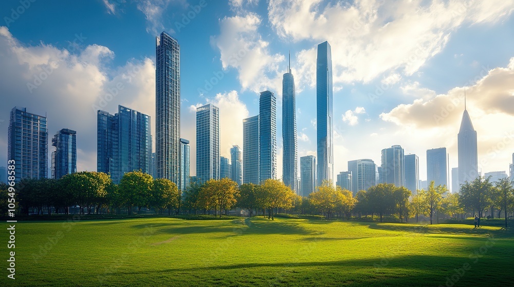 Fototapeta premium A colorful urban skyline with modern skyscrapers and green park in the foreground under a partly cloudy sky during late afternoon