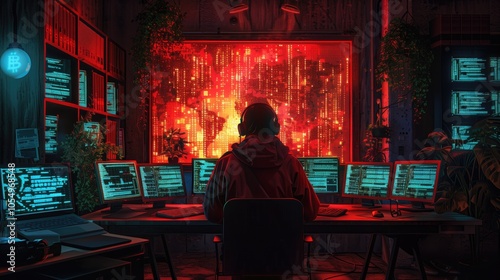 A hacker manipulating cryptocurrency markets from a dark room filled with digital wallets and blockchain code on screens 