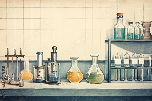  Vintage Scientific Illustration with Chemistry Lab Equipment 