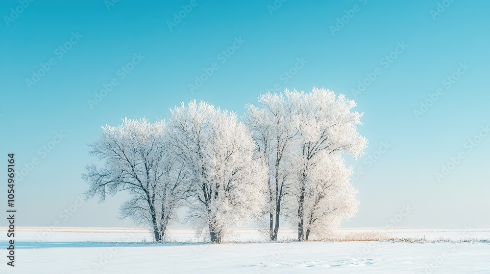 Fototapeta premium Winter trees covered in fresh snow against a clear blue sky in a tranquil mountain landscape during daylight hours