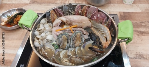 Boiled seafood dish in Korean restaurant