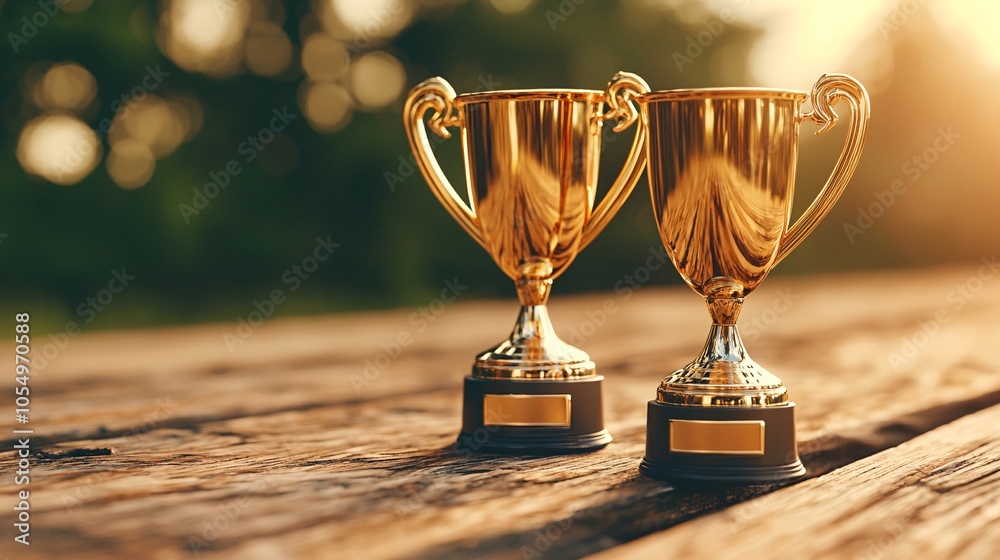 Two Golden Trophies on Wooden Table. Two Golden Trophies on Wooden Table.