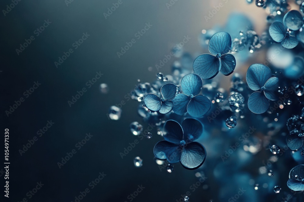 A blue flower with water droplets surrounding it A blue flower with water droplets surrounding it