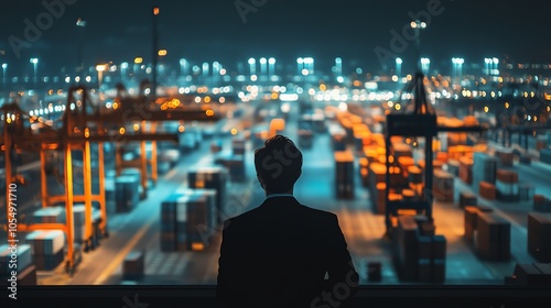 A silhouette of a businessperson watching a bustling industrial port at night, showcasing the dynamic world of global shipping and logistics.