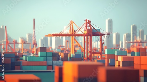 A vivid cityscape with numerous colorful shipping containers, cranes, and a background of skyscrapers under a clear blue sky.