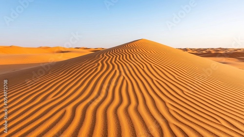 A vast desert landscape featuring smooth, wavy sand dunes under a clear blue sky, perfect for showcasing the beauty of nature's textures.