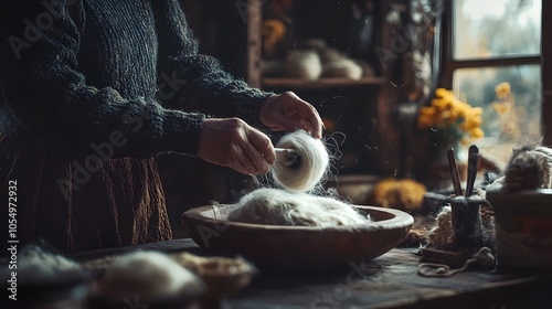 Cozy Cottage Workshop Skilled Hands Spinning Cascading Wool Fibers in Rustic Ambiance photo