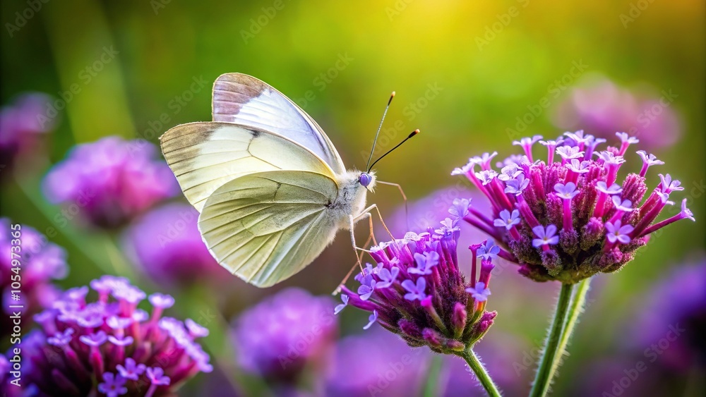 White butterfly on purple vervain flower in a wild garden White butterfly on purple vervain flower in a wild garden