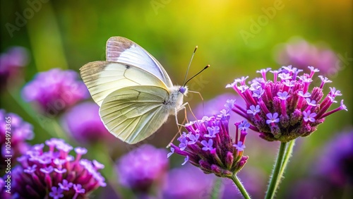 White butterfly on purple vervain flower in a wild garden