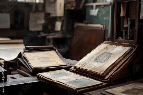 Artisanal Leather Bound Tomes Printed on a Weathered Antique Book Press in Moody Chiaroscuro Lighting photo