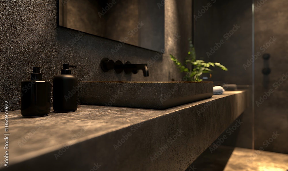 Modern minimalist bathroom sink with concrete countertop and black fixtures. 3D Rendering Modern minimalist bathroom sink with concrete countertop and black fixtures. 3D Rendering