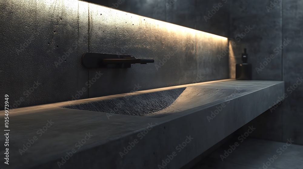 Modern minimalist bathroom sink with concrete countertop and black fixtures. 3D Rendering Modern minimalist bathroom sink with concrete countertop and black fixtures. 3D Rendering