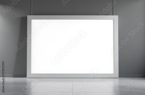 Front view on blank white billboard with place for your text or logo in the center of empty room with glossy floor and dark grey wall background