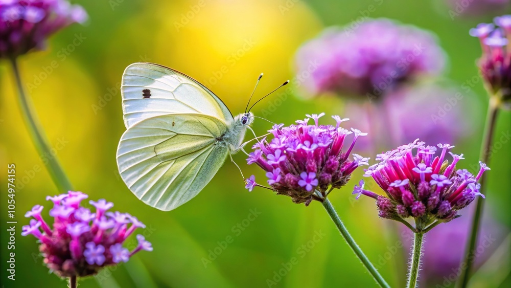 White butterfly perched on purple vervain flower in wild garden White butterfly perched on purple vervain flower in wild garden