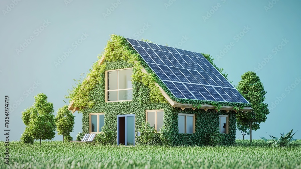 Eco-friendly house with solar panels and greenery, symbolizing sustainable living and renewable energy in a natural environment. Eco-friendly house with solar panels and greenery, symbolizing sustainable living and renewable energy in a natural environment.