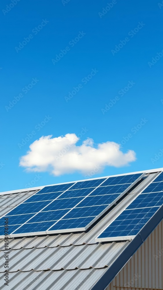 New solar panels installed on metal sheet roof of the house in south australia against clear blue sky with a small cloud solar panel Ultra realistic Photorealistic New solar panels installed on metal sheet roof of the house in south australia against clear blue sky with a small cloud solar panel Ultra realistic Photorealistic