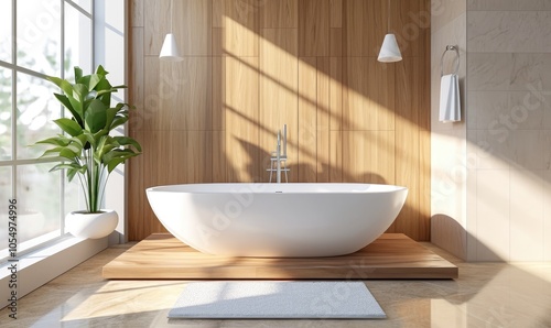 Minimalistic bathroom with white bathtub and hanging lamp and houseplant in pot on wooden panel wall