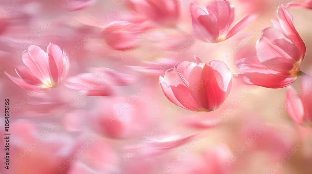 A cascade of pink tulip petals gently swirling in the air on a spring morning. A cascade of pink tulip petals gently swirling in the air on a spring morning.