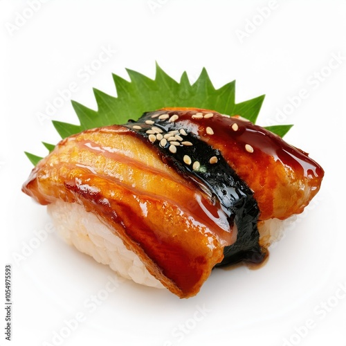 Delicious sushi piece with eel, sauce, and garnish, white isolate background photo