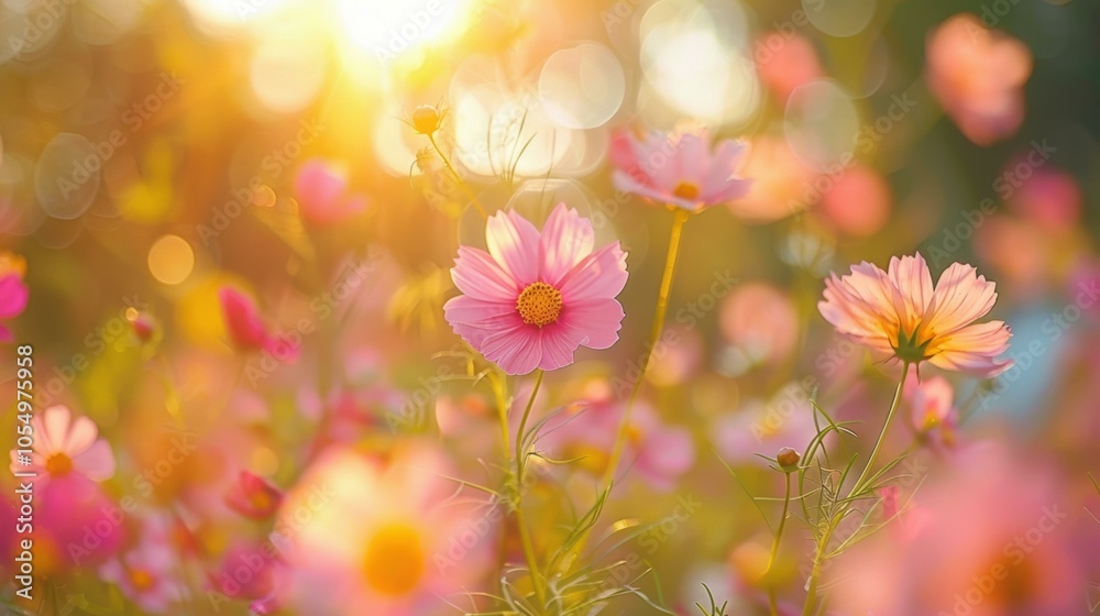 A field of delicate pink flowers bathed in warm sunlight. AI. A field of delicate pink flowers bathed in warm sunlight. AI.