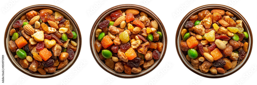 Set of A bowl with mixed nuts and dried fruits on a transparent background cutout, Set of A bowl with mixed nuts and dried fruits on a transparent background cutout,