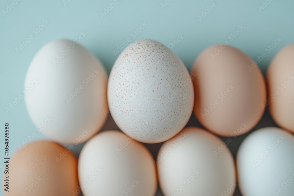 Many fresh eggs forming a pyramid on light blue background Many fresh eggs forming a pyramid on light blue background