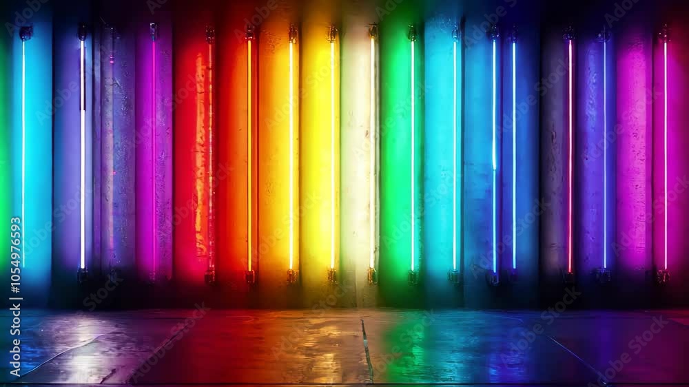 A row of neon-colored tubes in a rainbow gradient, glowing brightly against a dark background. The vibrant colors create a mesmerizing effect, symbolizing diversity and unity. The illuminated tubes ha