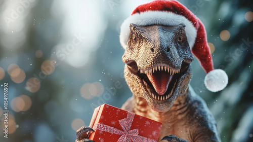 Fototapeta Naklejka Na Ścianę i Meble -  A festive dinosaur celebrating christmas with a gift in its grasp