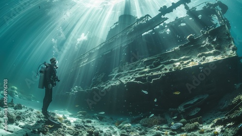 A scuba diver explores a shipwreck on the ocean floor. AI. photo