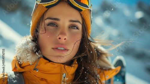 a cinematic portrait, a beautiful person wearing a ski suit and holding skis, standing in the winter mountain, natural colors photo