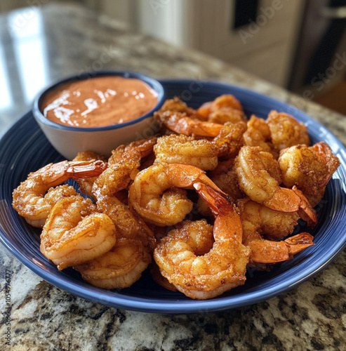 Red fried shrimp, in a plate decorated with parsley, with its own sauce.