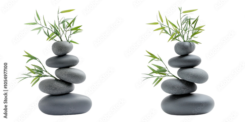 Set of A stacked grey stones with bamboo leaves, on a transparent background cutout Set of A stacked grey stones with bamboo leaves, on a transparent background cutout
