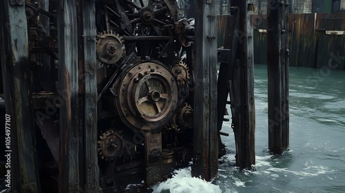 Analog Tide Prediction Machine Standing on the Docks of a Bustling Harbor photo