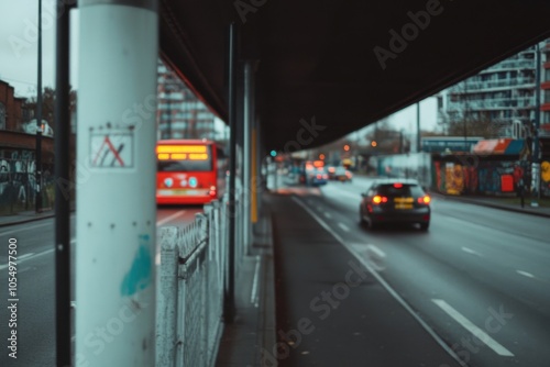 Red bus leaving station, cars driving on road under bridge photo