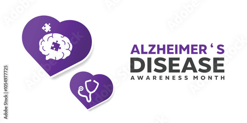 National Alzheimers Disease Awareness Month. Heart, brain, jigsaw and stesthoscope. Great for cards, banners, posters, social media and more. White background.